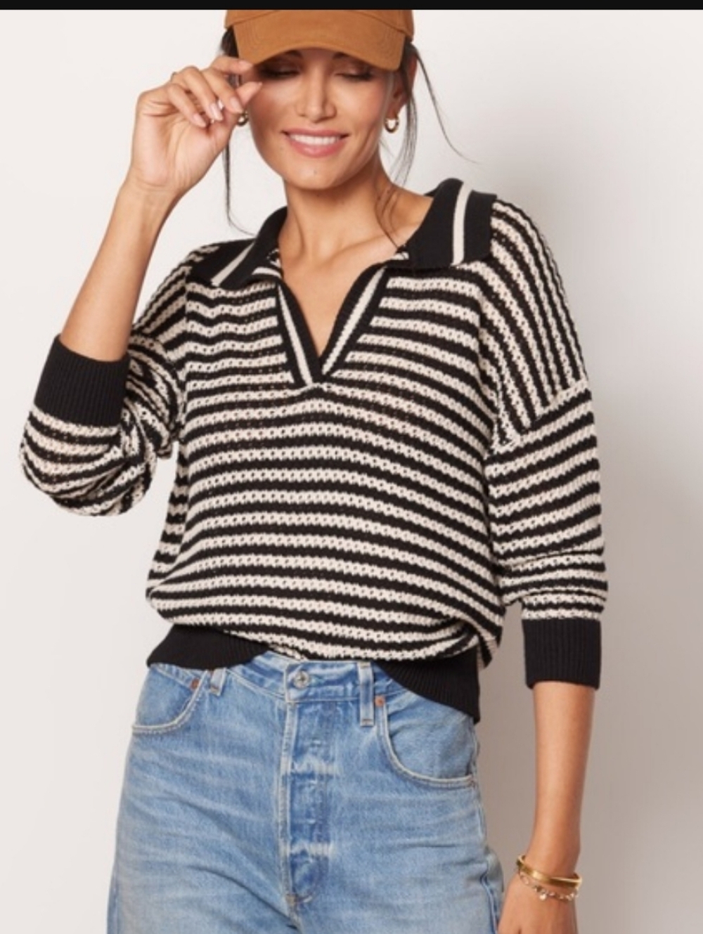 525 America Oversize Striped Polo Sweater - Black/Ivory - Small
